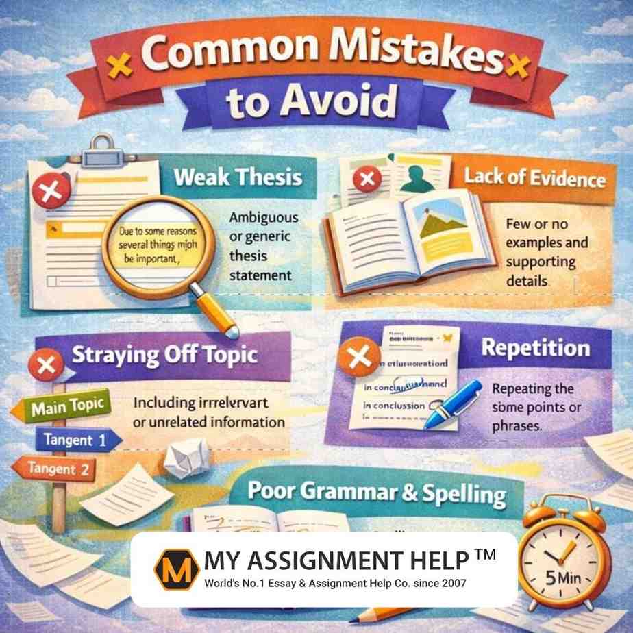 Infographic showing common essay writing mistakes students should avoid.