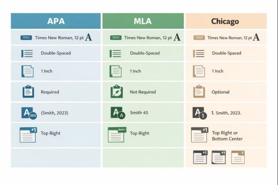 10-page essay format comparison: APA, MLA, Chicago styles