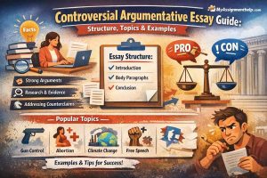 Infographic on the structure, topics, and tips for writing a controversial argumentative essay, featuring popular topics like gun control, abortion, climate change, and free speech.