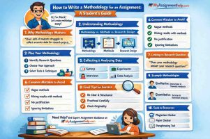 A guide on how to write a methodology for an assignment, featuring steps like planning, collecting data, and common mistakes to avoid.