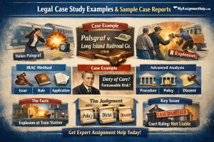 An infographic showcasing legal case study examples, including the Palsgraf v. Long Island Railroad Co. case (1928), using the IRAC method. It also features advanced analysis, judgment, and key issues, with visual representations of legal principles and court proceedings.