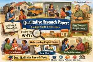 An infographic on writing a qualitative research paper, featuring methods like interviews, focus groups, and case studies, with topics such as poor transport and long distances.