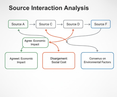 A synthesis analysis essay diagram illustrating the "conversation" between sources to help identify areas of agreement and uniqueness.