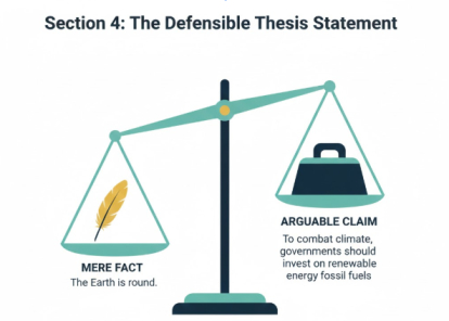 A scale representing a synthesis thesis statement where a light feather represents a mere fact and a heavy weight represents a strong, arguable claim.