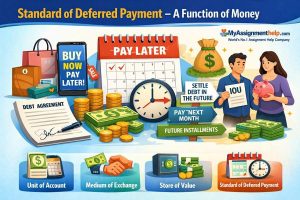 An infographic explaining the "Standard of Deferred Payment" as a function of money, with elements like a calendar, clock, debt agreement, and illustrations of people paying money later. It also includes related concepts like "Unit of Account," "Medium of Exchange," and "Store of Value."