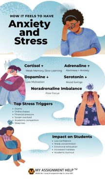 Infographic from MyAssignmenthelp.com showing how anxiety and stress affect students, including hormone imbalances (cortisol, adrenaline, dopamine) and triggers like exams and financial pressure. It also highlights impacts like low confidence, poor focus, and academic burnout.