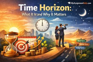 Infographic titled "Time Horizon: What It Is and Why It Matters" from MyAssignmenthelp.com, featuring visuals of a clock, hourglass, telescope, and signposts for short, medium, and long-term.