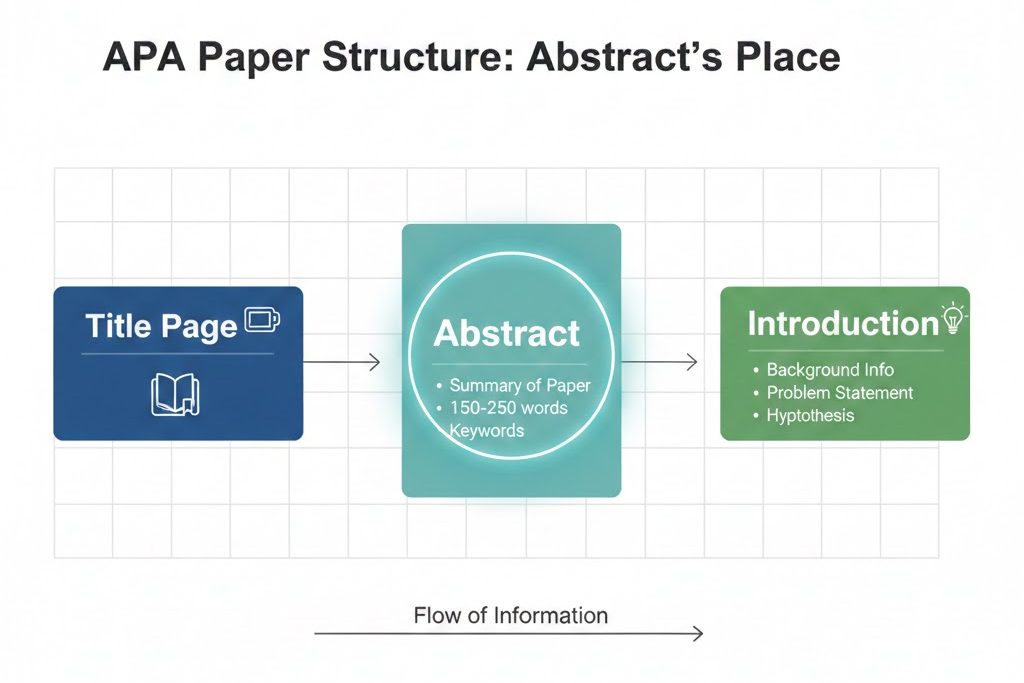 APA paper structure infographic showing placement of abstract page according to APA 7th edition format.