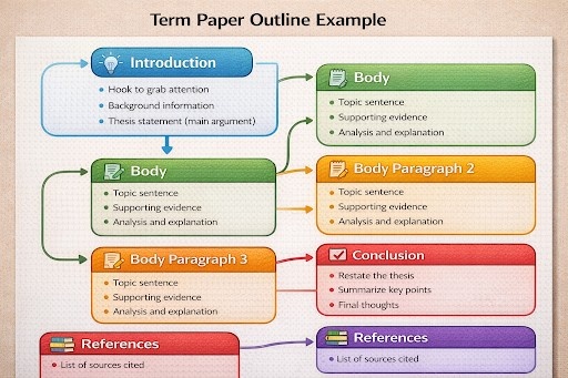 Visual term paper outline example showing structured sections: Introduction, Body, Conclusion, References