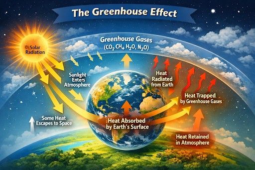Diagram showing how greenhouse gases trap heat in Earth’s atmosphere