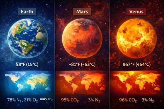 Comparison of Earth, Mars, and Venus showing impact of greenhouse gases on temperature
