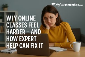 Student struggling with online classes while an expert tutor provides guidance on screen