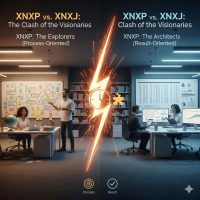 Visual comparison of XNXP vs XNXJ personality types showing process-oriented explorers and result-oriented architects in a split workspace, illustrated by Myassignmenthelp.com