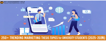 Digital marketing illustration with a banner for trending university marketing thesis topics for 2025-2026.