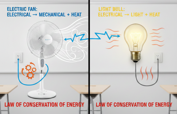 Energy conversion examples: electric fan and light bulb diagram.