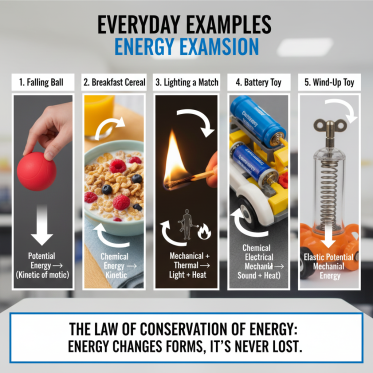 Infographic showing five everyday examples of energy conversion: a falling ball, eating cereal, lighting a match, a battery toy, and a wind-up toy.
