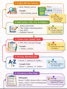 Step-by-step guide showing how to write a bibliography for an assignment, including collecting sources, noting author details, choosing citation style, and formatting correctly.
