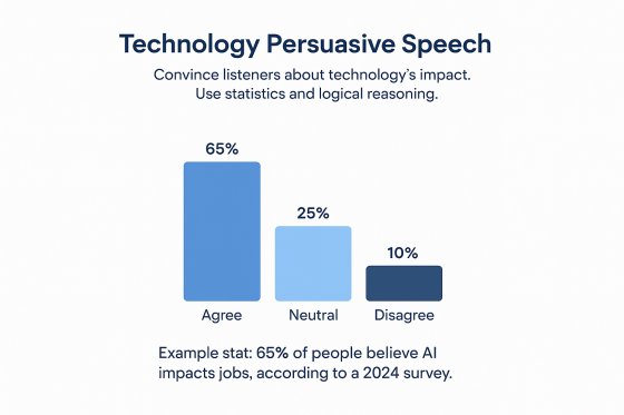 The image shows a graph on "Technology Persuasive Speech" with survey results: 65% agree that AI impacts jobs, 25% are neutral, and 10% disagree. The statistic is based on a 2024 survey.