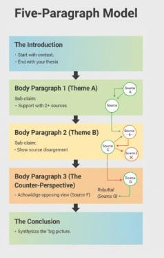 A vertical flowchart of "Five-Paragraph Model" detailing the structural components of an essay from introduction to conclusion.