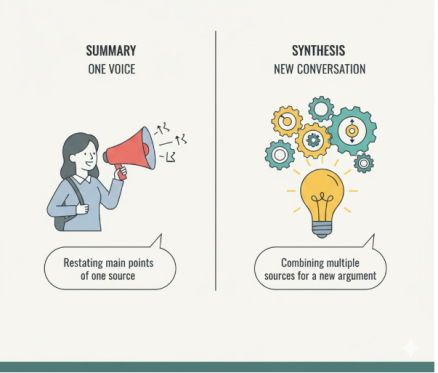 Comparison chart for students learning how to write a synthesis paper, showing 'Summary' as repetition and 'Synthesis' as source integration.