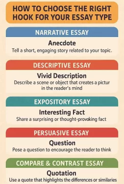 Infographic showing how to choose the right hook for your essay type, including narrative essay anecdote, descriptive essay vivid description, expository essay interesting fact, persuasive essay question, and compare and contrast essay quotation.