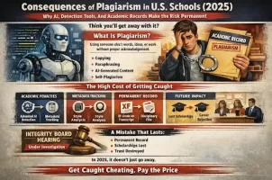 Showing the consequences of plagiarism in U.S. schools in 2025, highlighting AI detection tools, academic penalties, permanent records, and future career impact.